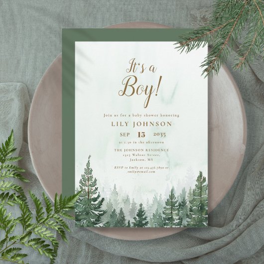 Invitation C'est un garçon Fête de Bébé dans une forêt de pin
