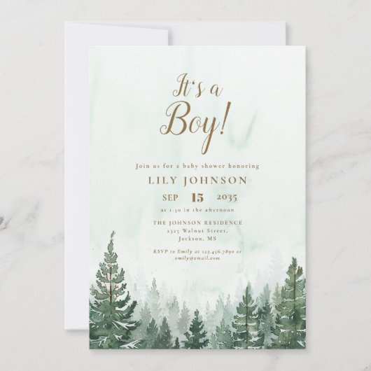 Invitation C'est un garçon Fête de bébé dans une forêt de pin (Devant)
