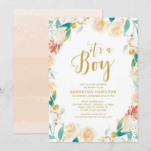 Invitation C'est un garçon Fête de bébé Fleurs Pêche Paillett