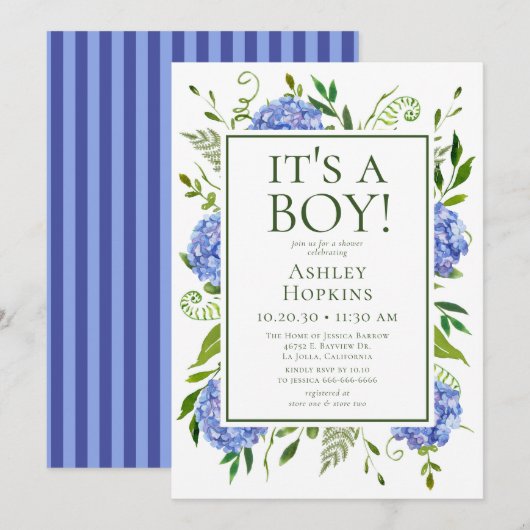 Invitation C'est un garçon Fête prénatale aux Hydrangeas Bleu (Devant / Derrière)