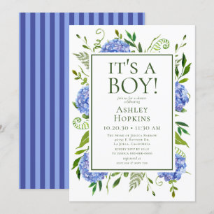 Invitation C'est un garçon Fête prénatale aux Hydrangeas Bleu