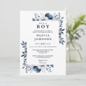Invitation C'est un garçon Fleurs bleues Baby Shower (Debout devant)