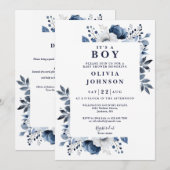 Invitation C'est un garçon Fleurs bleues Baby Shower (Devant / Derrière)