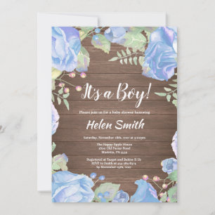 Invitation C'est un garçon Fleurs bleues Baby Shower Bois rus