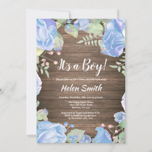 Invitation C'est un garçon Fleurs bleues Baby Shower Bois rus