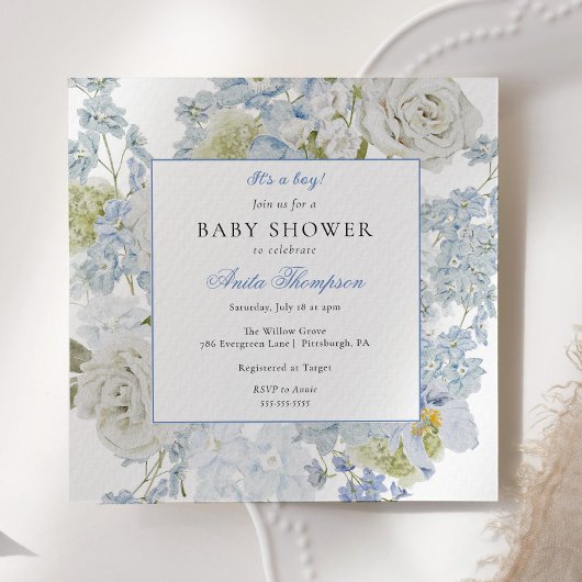 Invitation C'est un garçon Fleurs Bleues Bébé Naissance