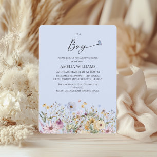 Invitation C'est un Garçon Fleurs Bleues Douces Baby Shower