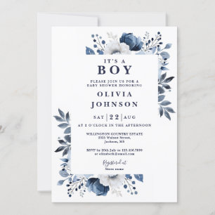 Invitation C'Est Un Garçon Floral Bleu Tout En Un Baby shower