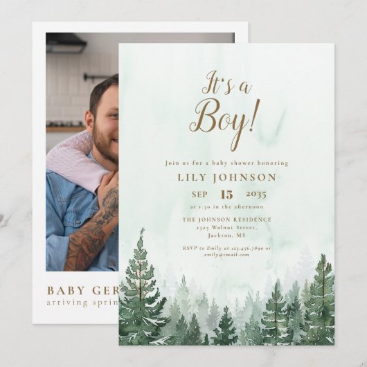 Invitation C'est un garçon Forêt de pins  Code QR Baby Shower (Devant / Derrière)
