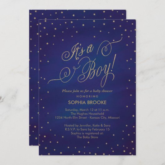 Invitation C'est un garçon Gold Stars & Night Sky Baby shower (Devant / Derrière)