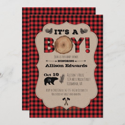 Invitation C'est un garçon Lumberjack Plaid Baby shower Invit (Devant / Derrière)