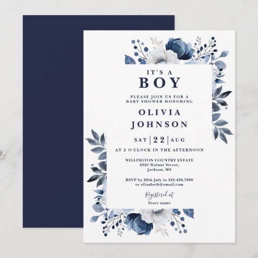 Invitation C'est un Garçon Marine Bleu Élégant Baby shower Fl (Devant / Derrière)