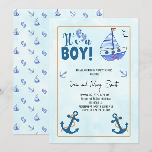 Invitation c'est un garçon naissance Nautical Sailboat baby s (Devant / Derrière)