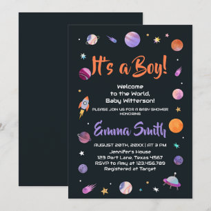 Invitation C'est un garçon Planètes Espace Extérieur Baby Sho
