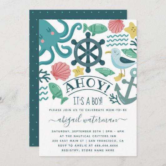 Invitation C'est un garçon pour la Baby Shower sur le thème M (Devant / Derrière)