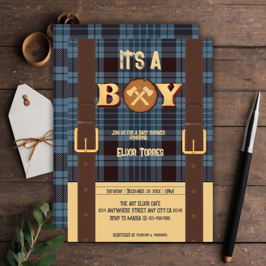 Invitation C'est un garçon Rustic Lumberjack Flannel Baby sho
