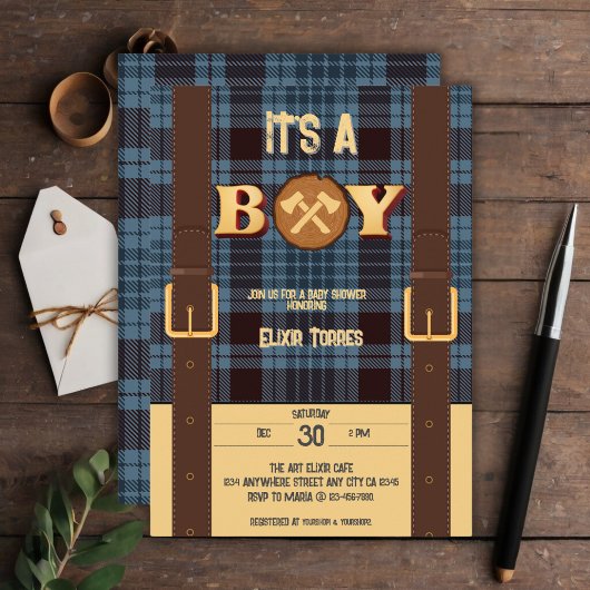Invitation C'est un garçon Rustic Lumberjack Flannel Baby sho