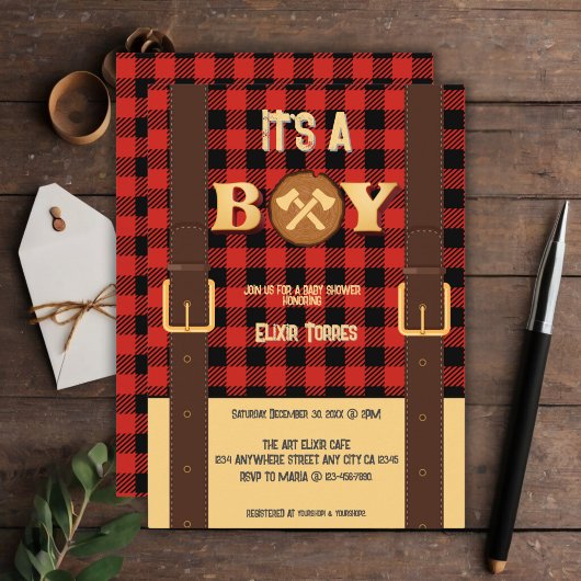 Invitation C'est un garçon Rustic Lumberjack Flannel Baby sho