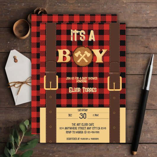 Invitation C'est un garçon Rustic Lumberjack Flannel Baby sho