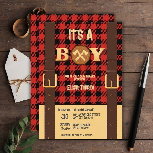 Invitation C'est un garçon Rustic Lumberjack Flannel Baby sho