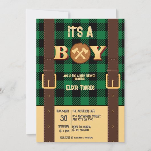 Invitation C'est un garçon Rustic Lumberjack Flannel Baby sho (Devant)