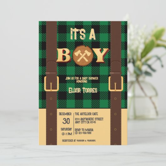 Invitation C'est un garçon Rustic Lumberjack Flannel Baby sho (Debout devant)