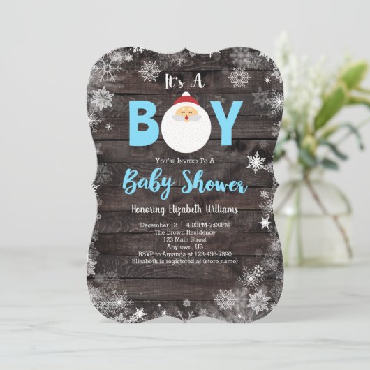 Invitation C'est un garçon Rustic Wood Père Noël Baby shower (Debout devant)