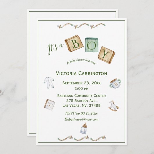 Invitation C'est un garçon Rustique Aquarelle bébé (Devant / Derrière)