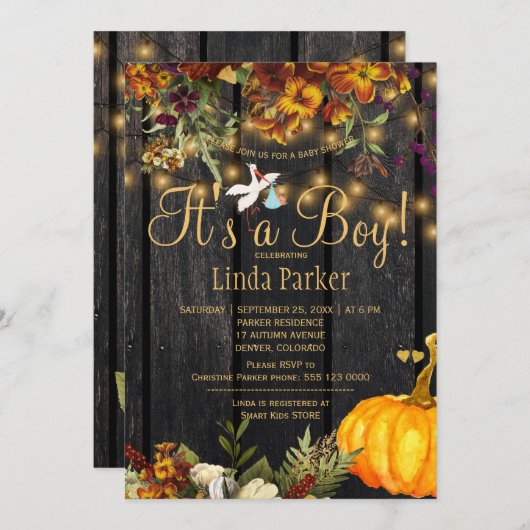 Invitation C'est un garçon rustique automne citrouille bébé d (Devant / Derrière)