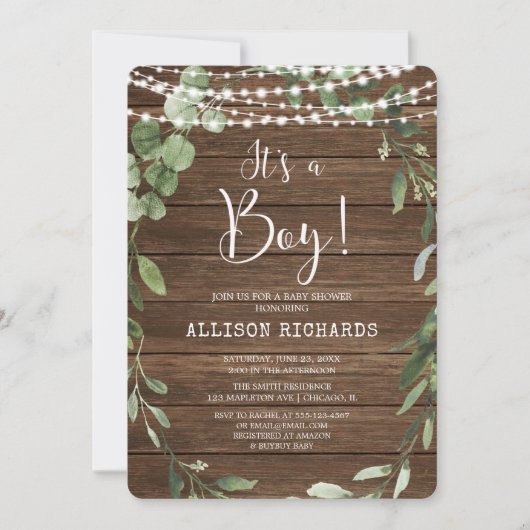 Invitation C'est un Garçon Rustique lumières baby shower en b (Devant)