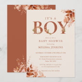 Invitation C'est un garçon Shower de bébé lettre florale rust (Devant / Derrière)