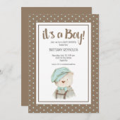 Invitation C'est un garçon Tan Polka Dot Teddy Bear Baby show (Devant / Derrière)
