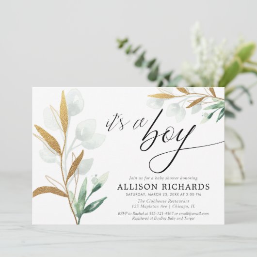 Invitation C'est un garçon un baby shower vert moderne en or (Debout devant)