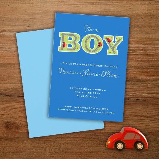 Invitation c'est un garçon, une voiture baby shower invitatio