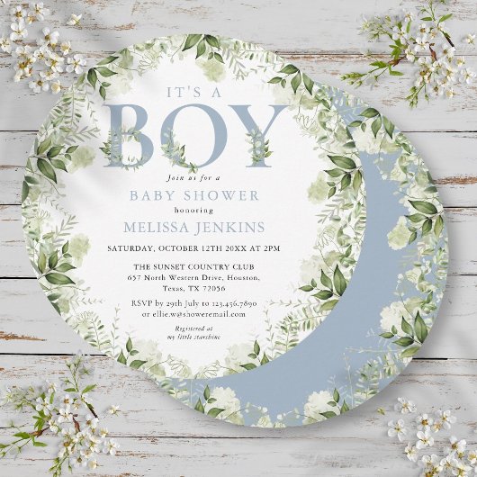 Invitation C'est un garçon vert Dusty Baby shower lettre bleu