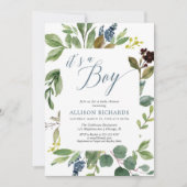 Invitation C'est un garçon vert feuille feuillage baby shower (Devant)