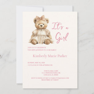 Invitation C'est un ours en peluche floral rose vintage fille