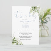Invitation C'Est Un Petit Baby shower Bleu Dusty (Debout devant)