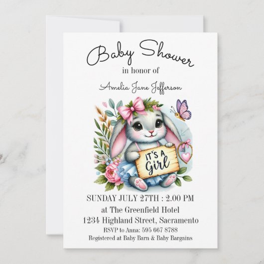 Invitation C'est un petit Baby shower de lapin mignon fille (Devant)