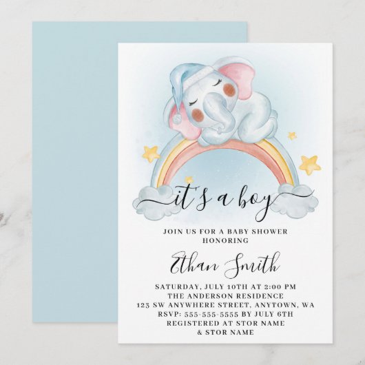 Invitation C'est un petit éléphant Baby shower d'aquarelle ar (Devant / Derrière)