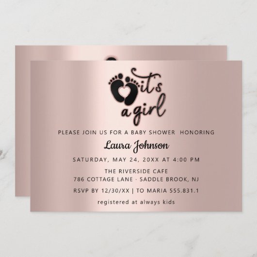 Invitation C'est un script de fille Custom New Baby Rose Pied (Devant / Derrière)