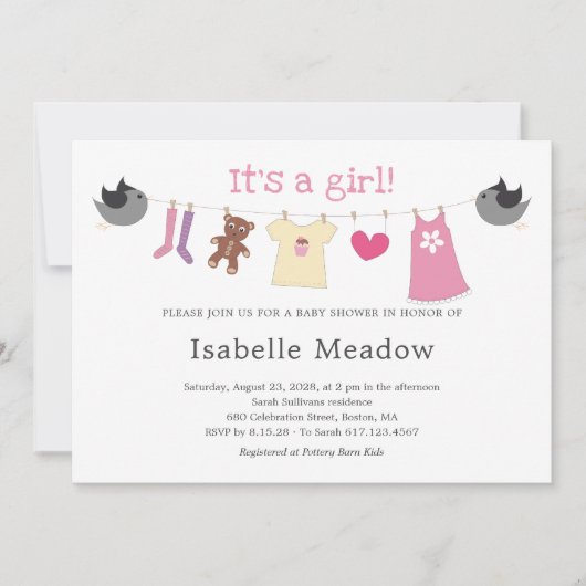 Invitation C'est une Baby Shower de la layette pour fille (Devant)
