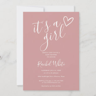 Invitation C'est une baby shower fille Heart Dusty Rose Rose
