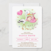 Invitation C'est une cigogne d'aquarelle porte une petite fil (Devant)