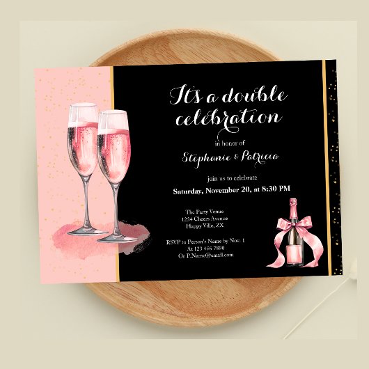 Invitation C'est une double fête Champagne Rose Anniversaire