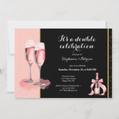 Invitation C'est une double fête Champagne Rose Anniversaire (Devant)