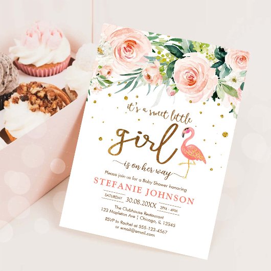 Invitation C'est une douce petite fille Fête de bébé flamant