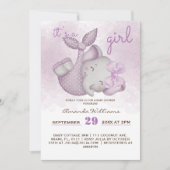 Invitation C'est une douche pour bébé fille éléphant (Devant)