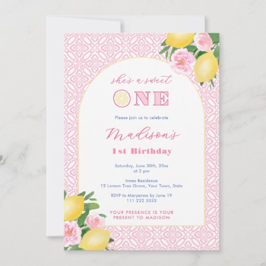 Invitation C'est une fête d'anniversaire avec un citron rose (Devant)