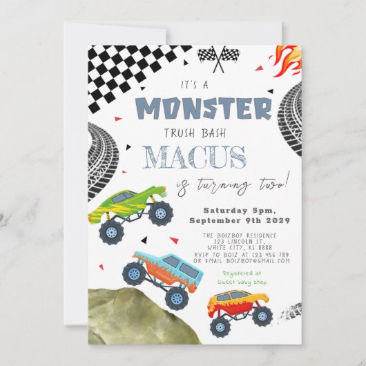 Invitation C'est une fête d'anniversaire de MONSTER Truck Bas (Devant)